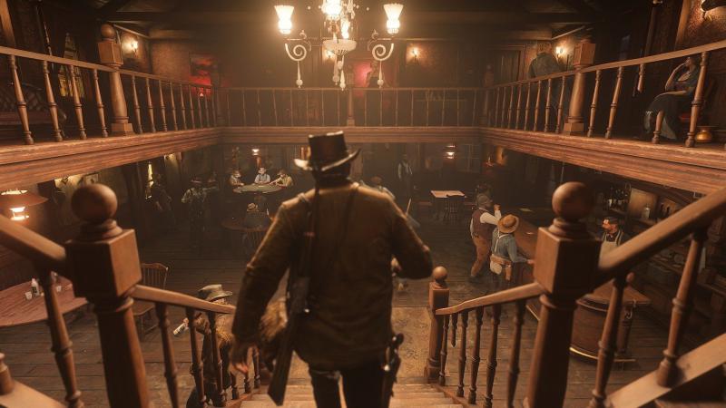 The scene in a computer game when the player enters the saloon